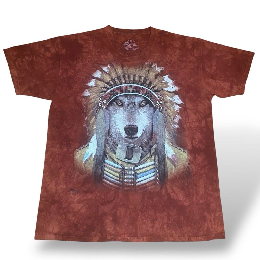 The Mountain Men's T Shirt Size 2XL Rust Orange Tie Dye Native American Wolf